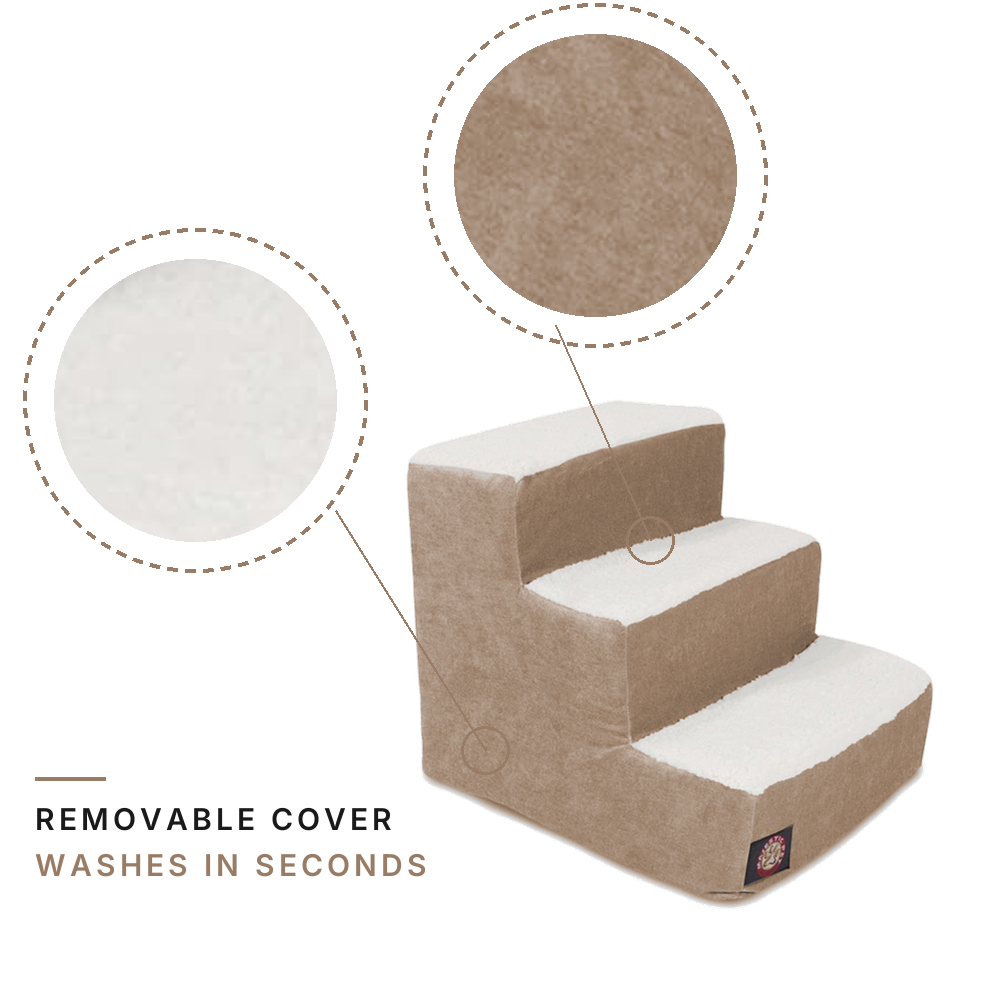 Removable washable cover fabric detail on coffee sherpa pet stairs