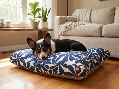 Corgi resting on the navy floral Harbor Lounger pillow bed in a cozy living room