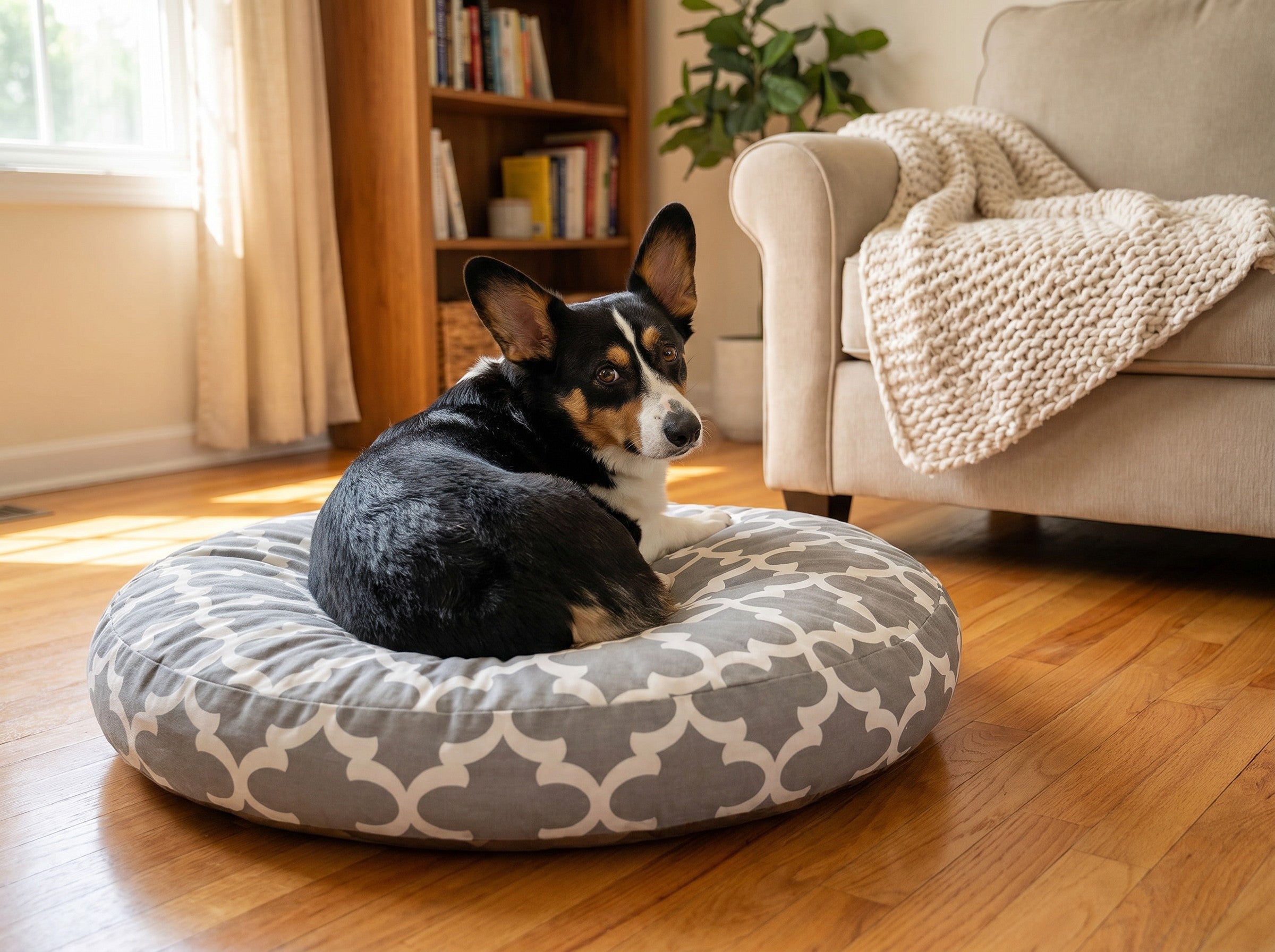 Corgi curled on the Pebble round trellis bed in a warm living room