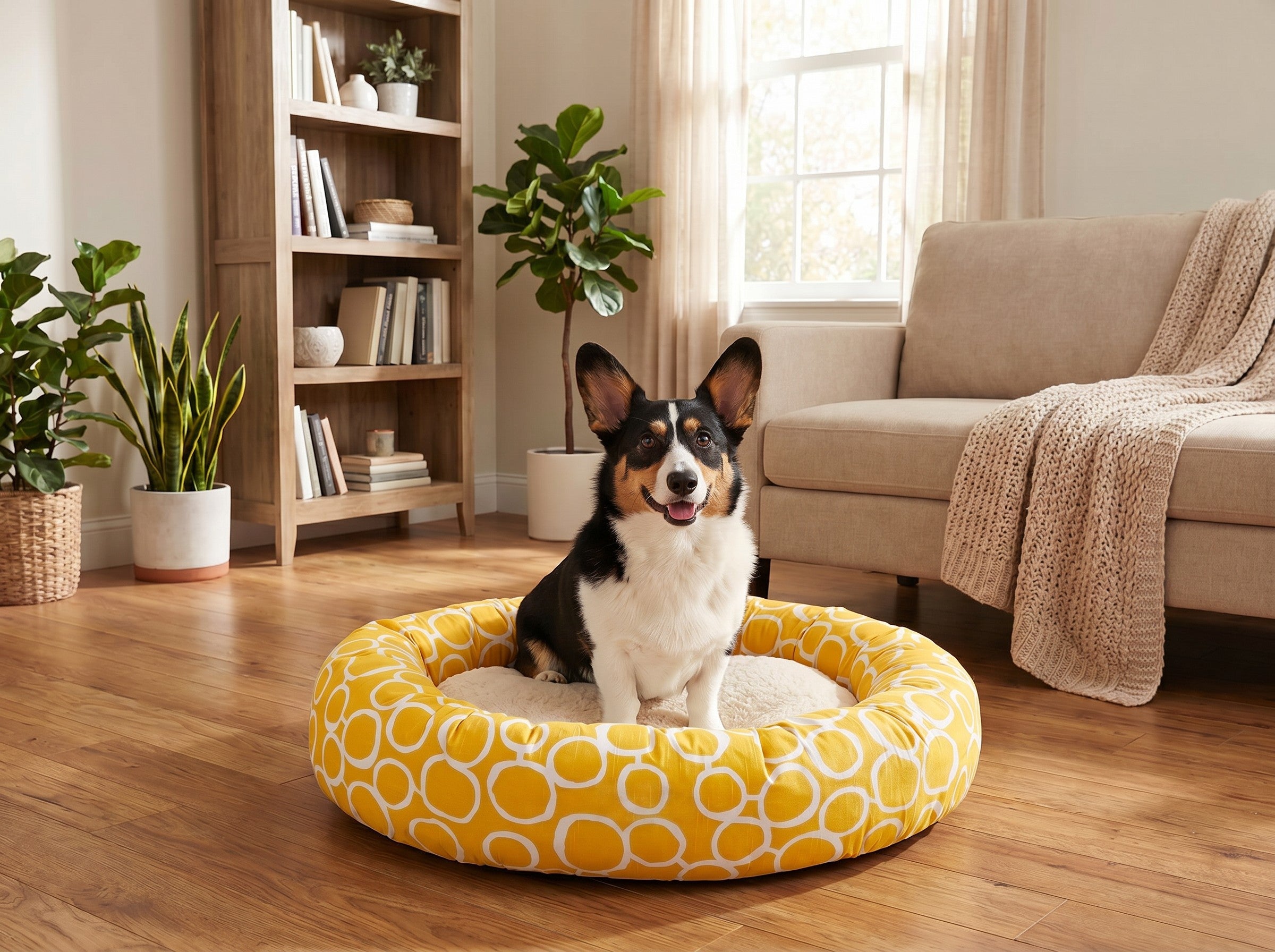 Corgi sitting in the Sunny Bagel bed in a bright living room