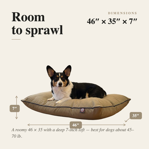 Homestead Bed dimensions — 46 by 35 by 7 inches, best for dogs 45–70 lb