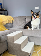 Corgi smiling next to the grey sherpa pet stairs in the living room