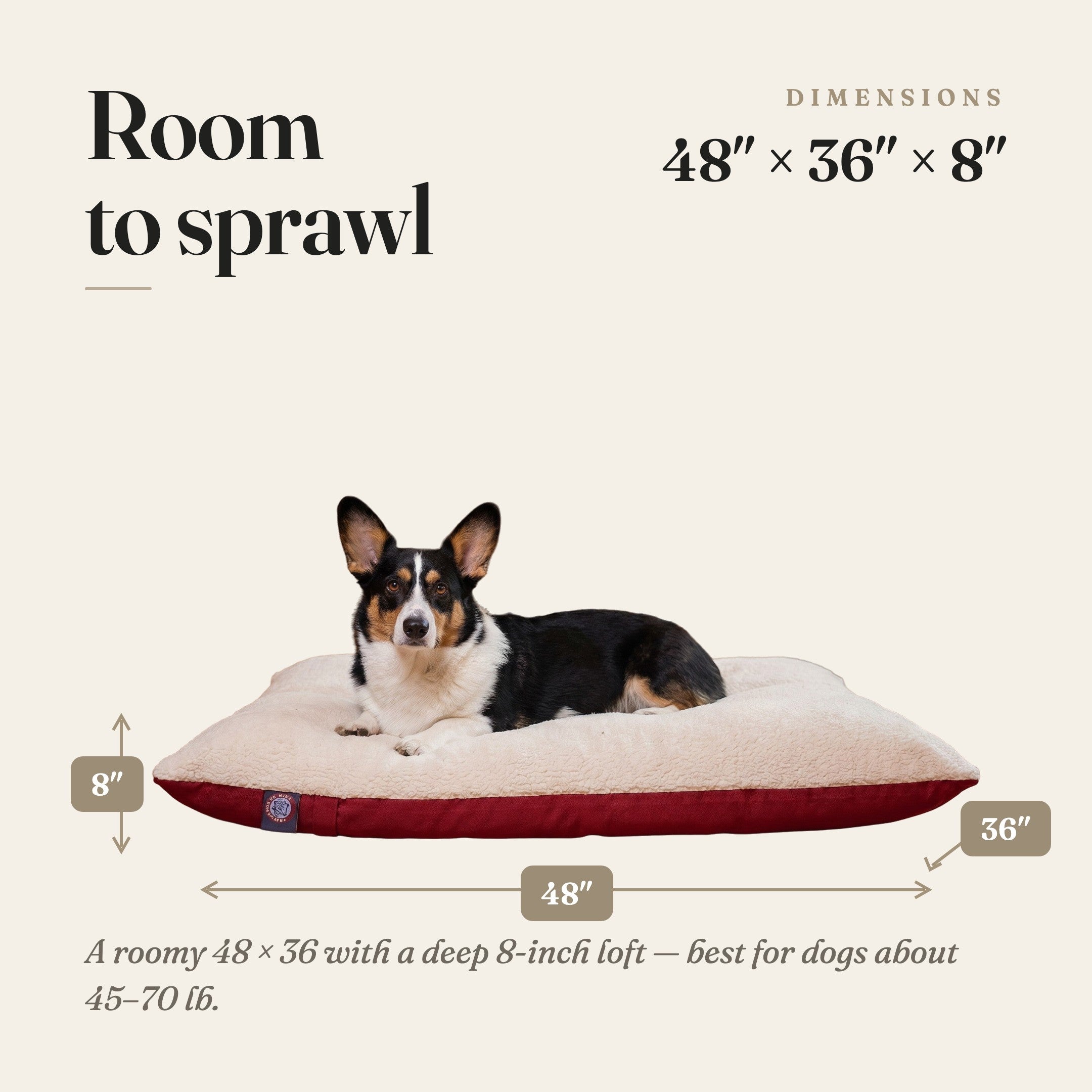 Roomy 48 by 36 by 8 inch pillow bed — best for dogs about 45 to 70 lb