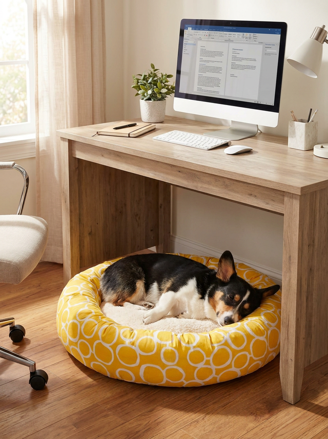 Sunny Bagel Sherpa Bed for Mid to Large Pets in a home office