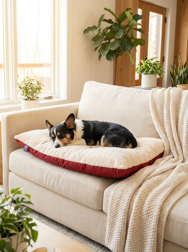 Feel the Pillow Sherpa Bed for Mid to Large Pets on the sofa