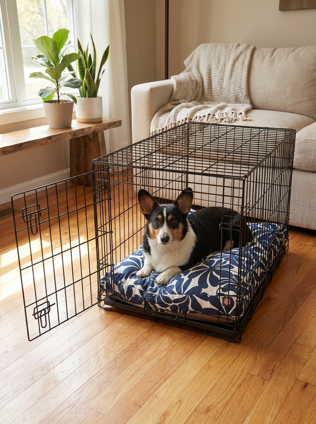 Harbor Lounger Bed for Mid to Large Pets in the dog crate