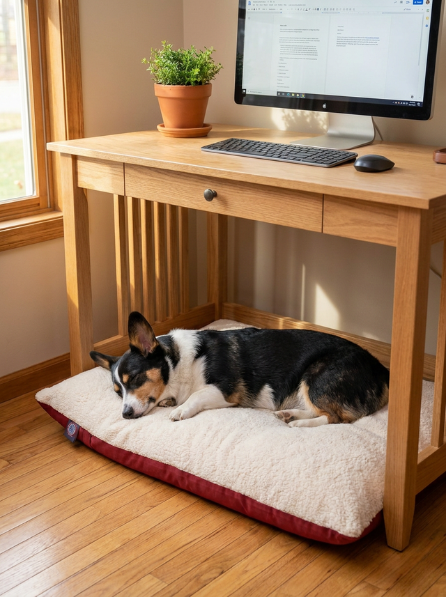 Feel the Pillow Sherpa Bed for Mid to Large Pets in a home office