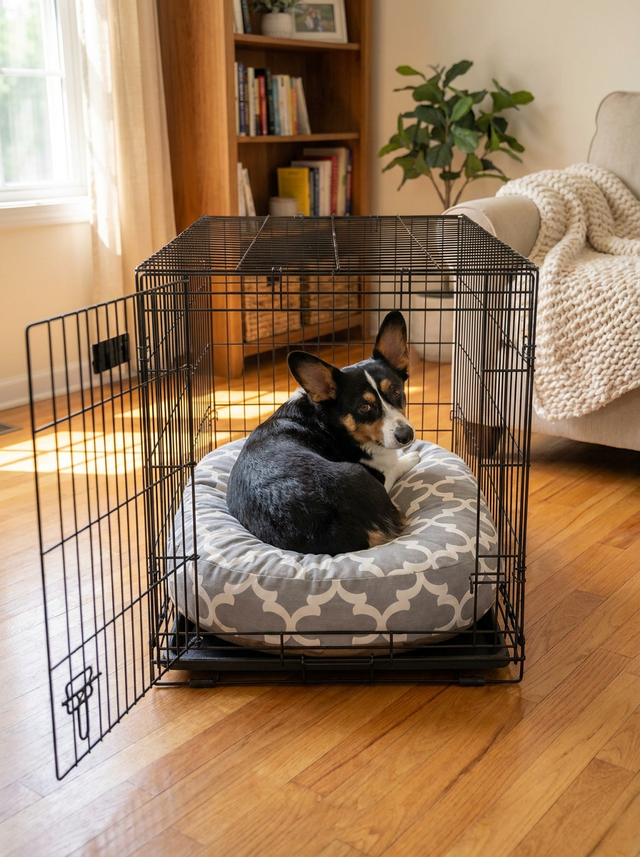 On Cloud Round Bed for Mid to Large Pets in the dog crate