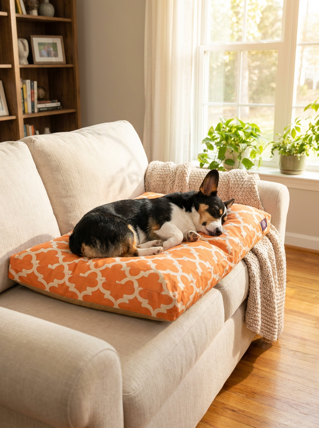 On Cloud Peach Bed for Mid to Large Pets on the sofa