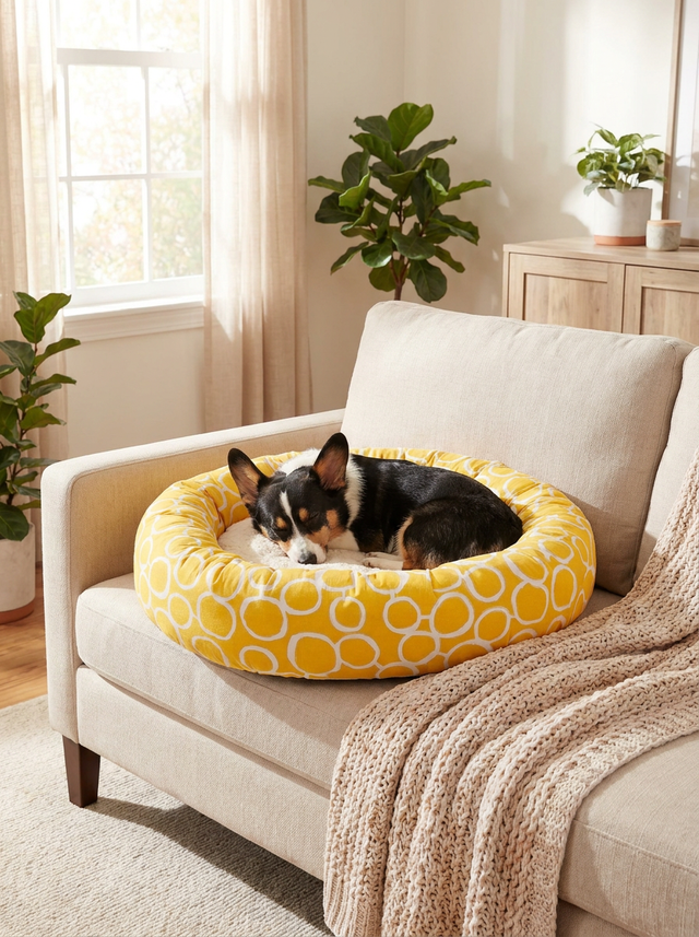 Sunny Bagel Sherpa Bed for Mid to Large Pets on the sofa